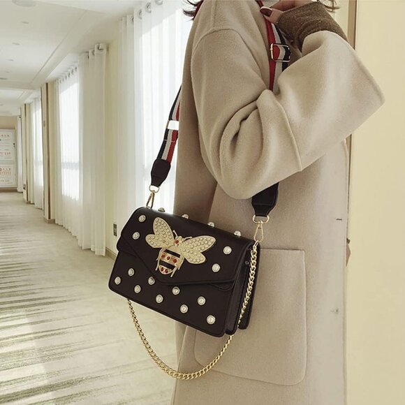 Designer Bee Purse Black PU Leather Crossbody Bag with Pearl, Versatile Carrying - Picture 4 of 6